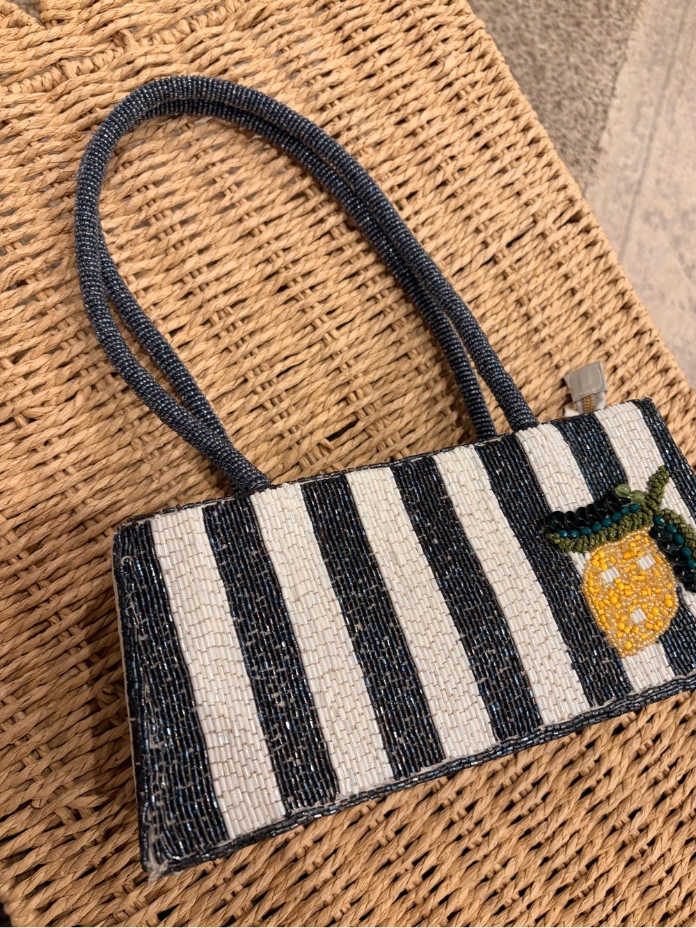 Beaded Blue & White Striped Lemon Accent Tote.